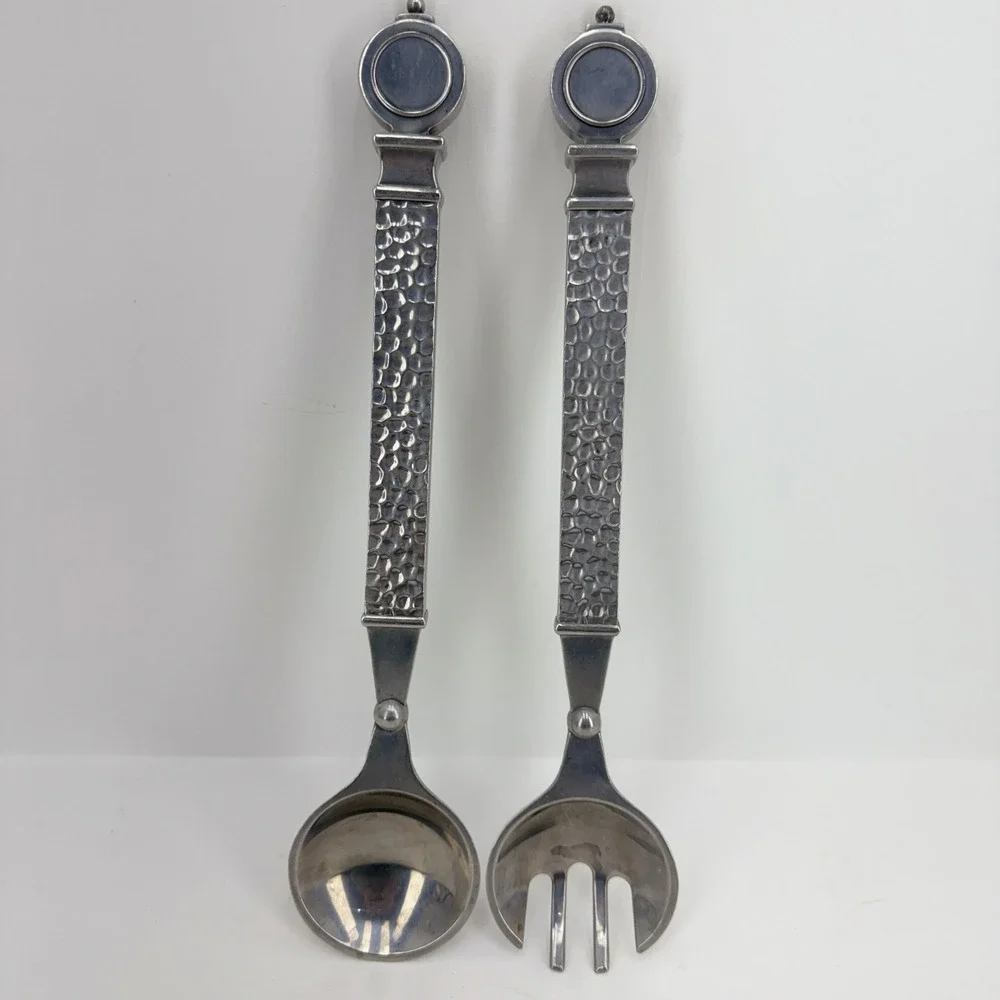 Vintage Salad Server Set Fork &‎ Spoon Silver Good Hammered Metal Artisanal
